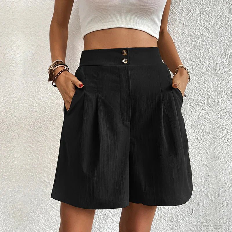 Nerissa | Women's High Waist Wide Leg Pleated Shorts - Black - Image 1