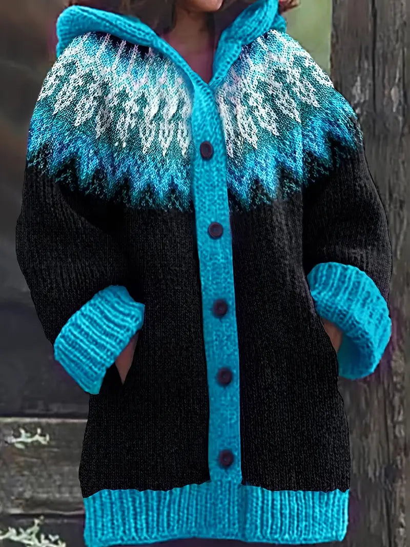 Nerissa | Women's Hooded Knit Cardigan with Button Detail - Teal - Image 1