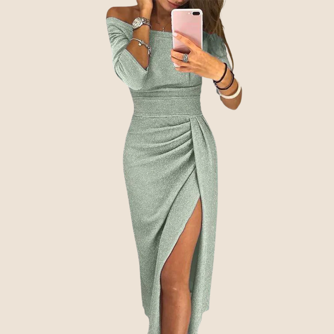 Noelle | Women's Off Shoulder Long Sleeve Maxi Dress - Green - Image 1