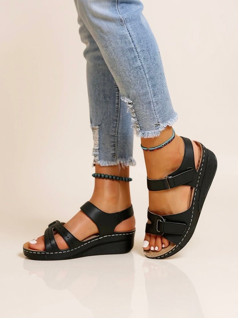 Octavia | Women's Adjustable Strap Wedge Sandals - Black - Image 1