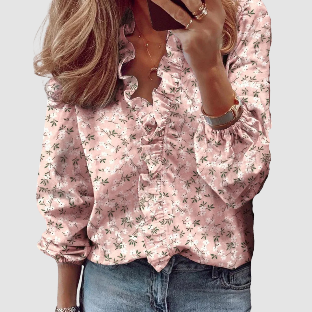 Octaviana | Women's Floral Long Sleeve Ruffle Blouse - Floral - Image 1