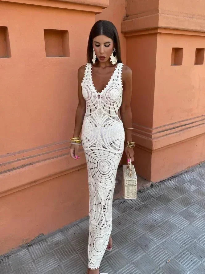 Octaviana | Women's V-Neck Sleeveless Crochet Maxi Dress - White - Image 1