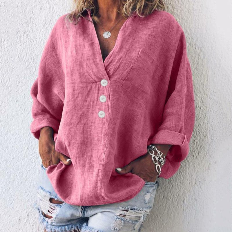 Octavie | Women's V-Neck Button Down Blouse - Pink - Image 1
