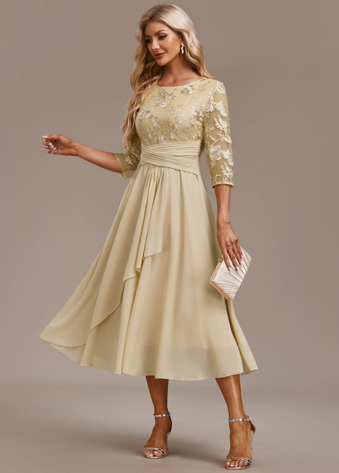 Octavienne | Women's Embroidered Round Neck Midi Dress - Champagne - Image 1