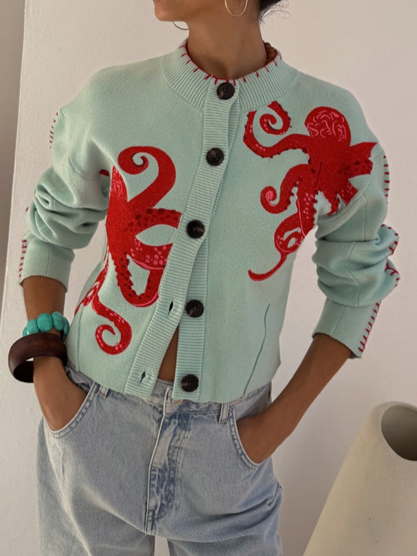 Ondine | Women's Octopus Print Button Cardigan - Green - Image 1