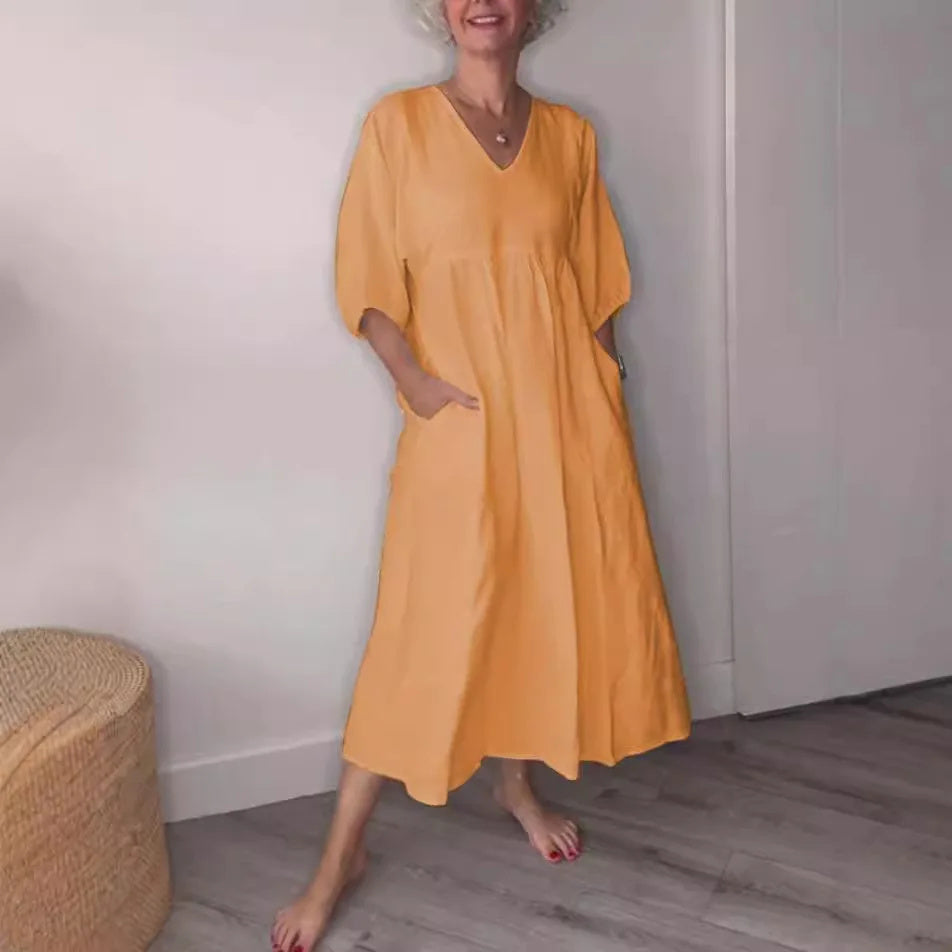 Ophira | Women's V Neck 3/4 Sleeve Midi Dress - Orange - Image 1