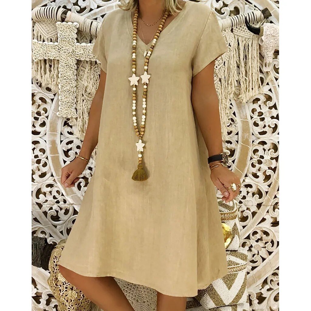Oriana | Damen V-Ausschnitt Mini-Kleid mit kurzen Ärmeln - Beige - Bild 1