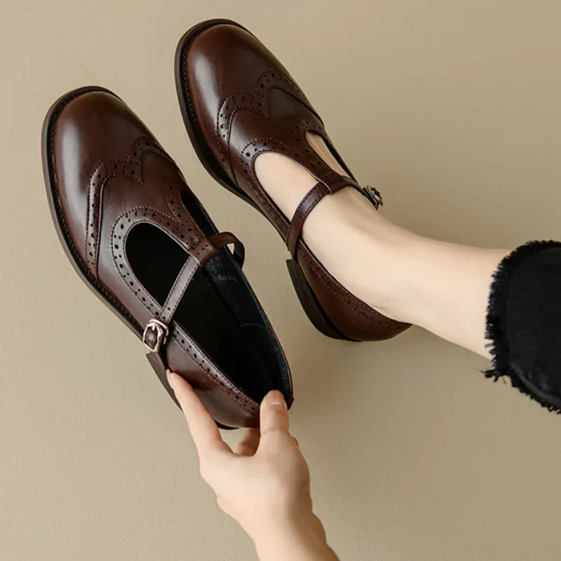 Ottilie | Women's Brogue T-Strap Mary Jane Shoes - Brown - Image 1