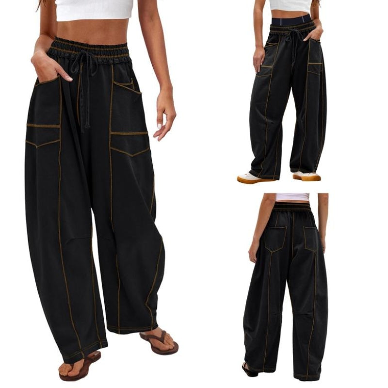 Paloma | Women's Wide Leg Cargo Pants High Waist Drawstring - Black - Image 1