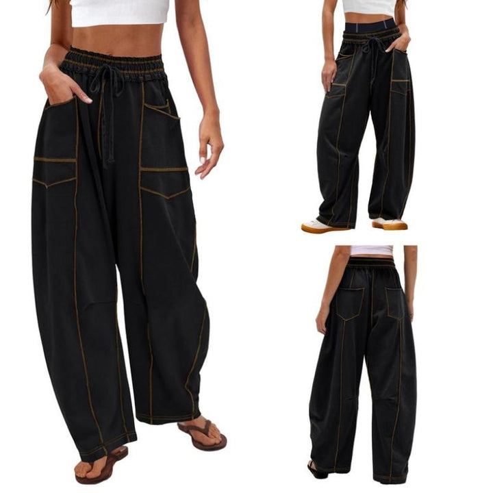 Paloma | Damen Cargo-Hose mit weitem Bein, hoher Taille und Kordelzug – Schwarz – Bild 1