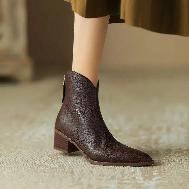 Pandora | Women's Pointed Toe Block Heel Ankle Boots - Brown - Image 1