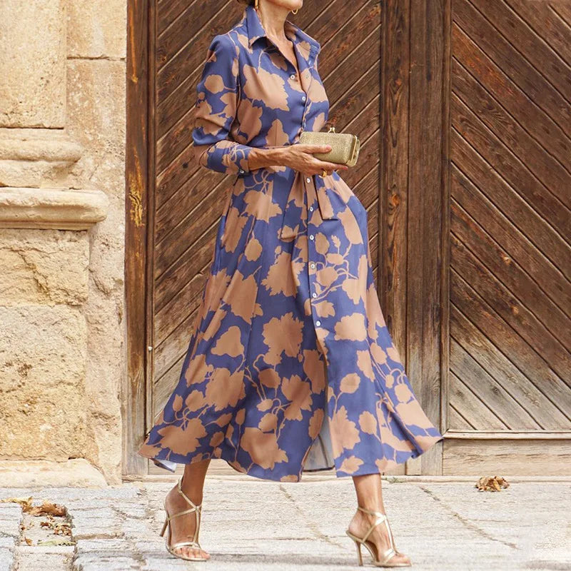 Penelope | Women's Floral Long Sleeve Midi Dress - Blue - Image 1