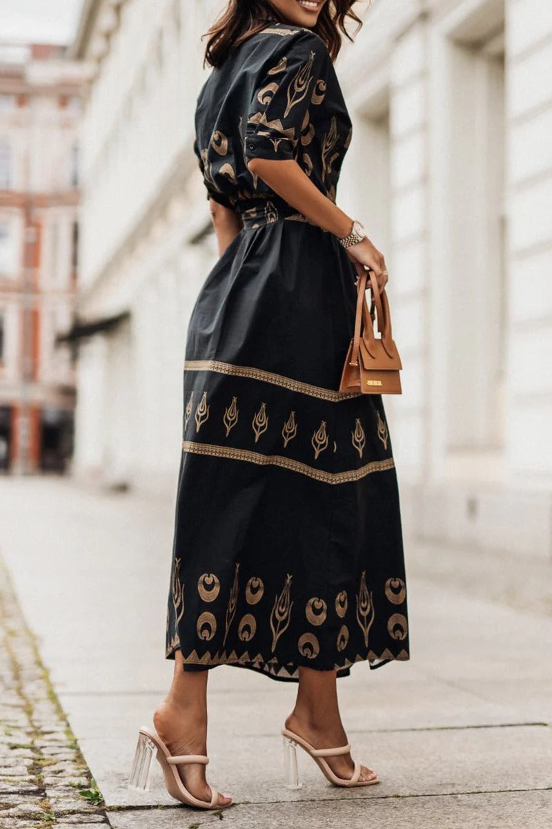 Perenelle | Damen Boho Bedrucktes Midi-Kleid mit langen Ärmeln - Schwarz - Bild 2