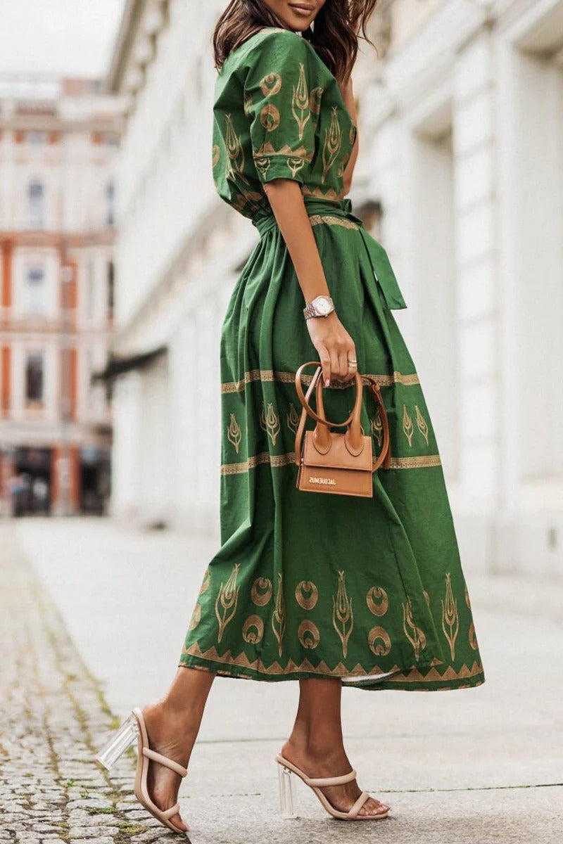 Perenelle | Damen Boho bedrucktes Midikleid mit langen Ärmeln – Schwarz – Bild 3