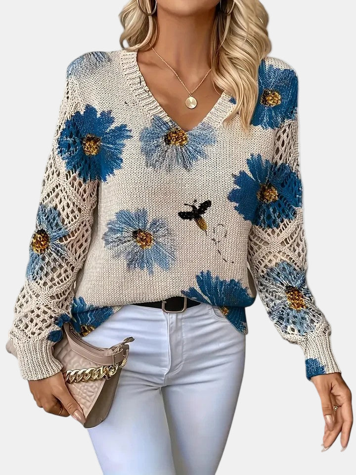 Philippa | Damen Pullover mit Blumenmuster, V-Ausschnitt und langen Ärmeln – Blumenmuster – Bild 1