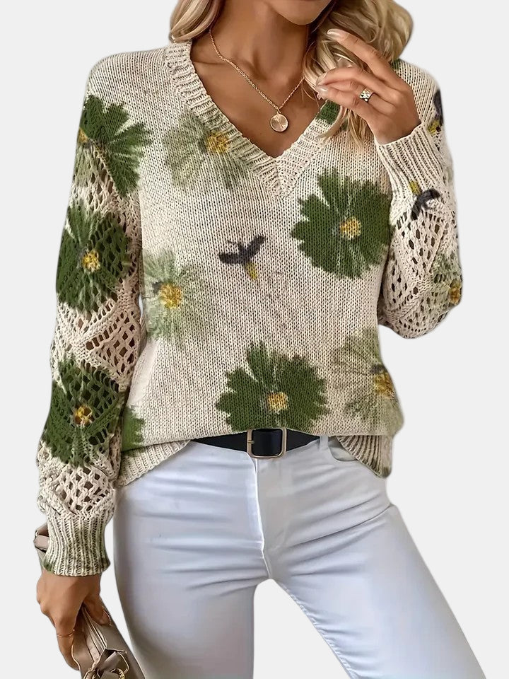 Philippa | Damen Pullover mit Blumenmuster, V-Ausschnitt und langen Ärmeln – Blumenmuster – Bild 11