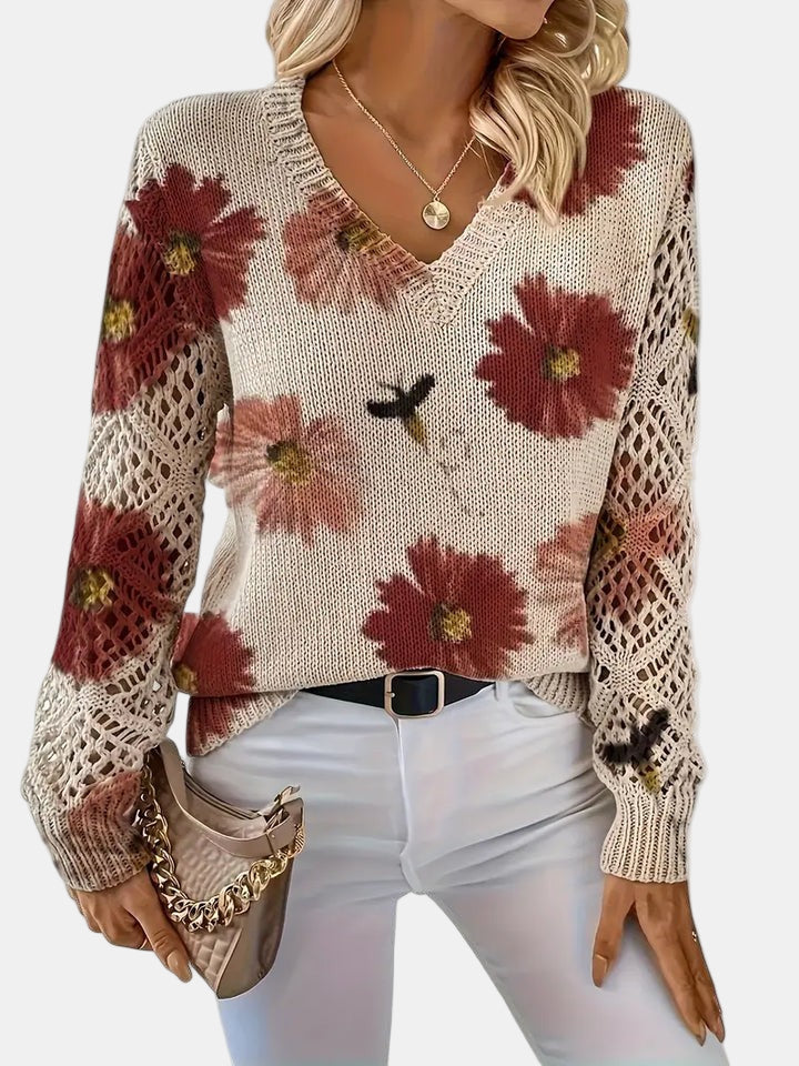 Philippa | Damen Pullover mit Blumenmuster, V-Ausschnitt und langen Ärmeln – Blumenmuster – Bild 13