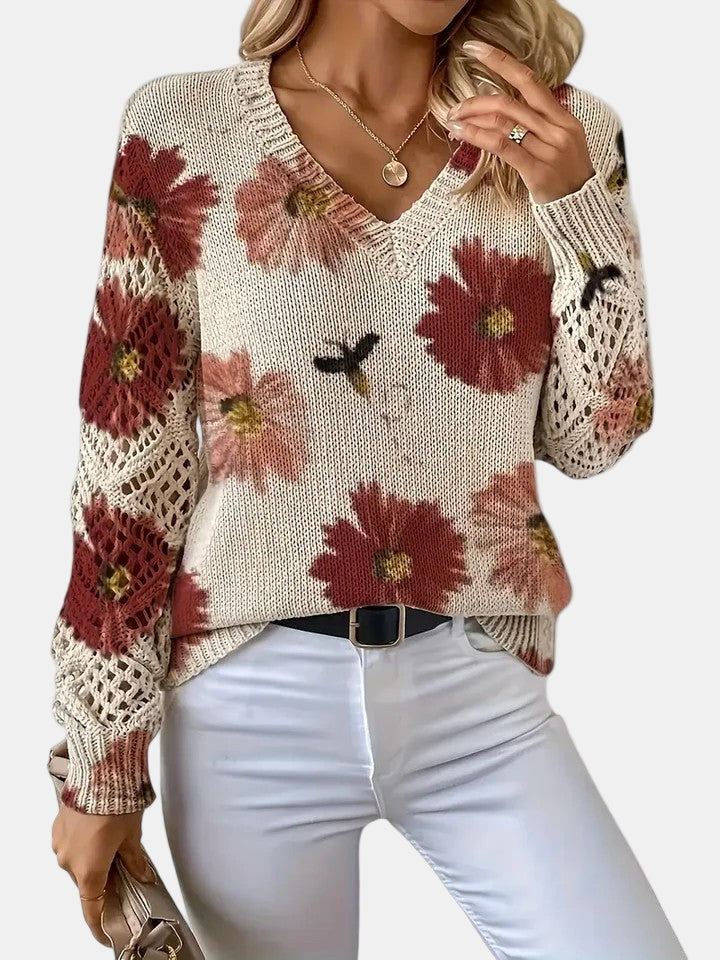 Philippa | Damen Pullover mit Blumenmuster, V-Ausschnitt und langen Ärmeln – Blumenmuster – Bild 14