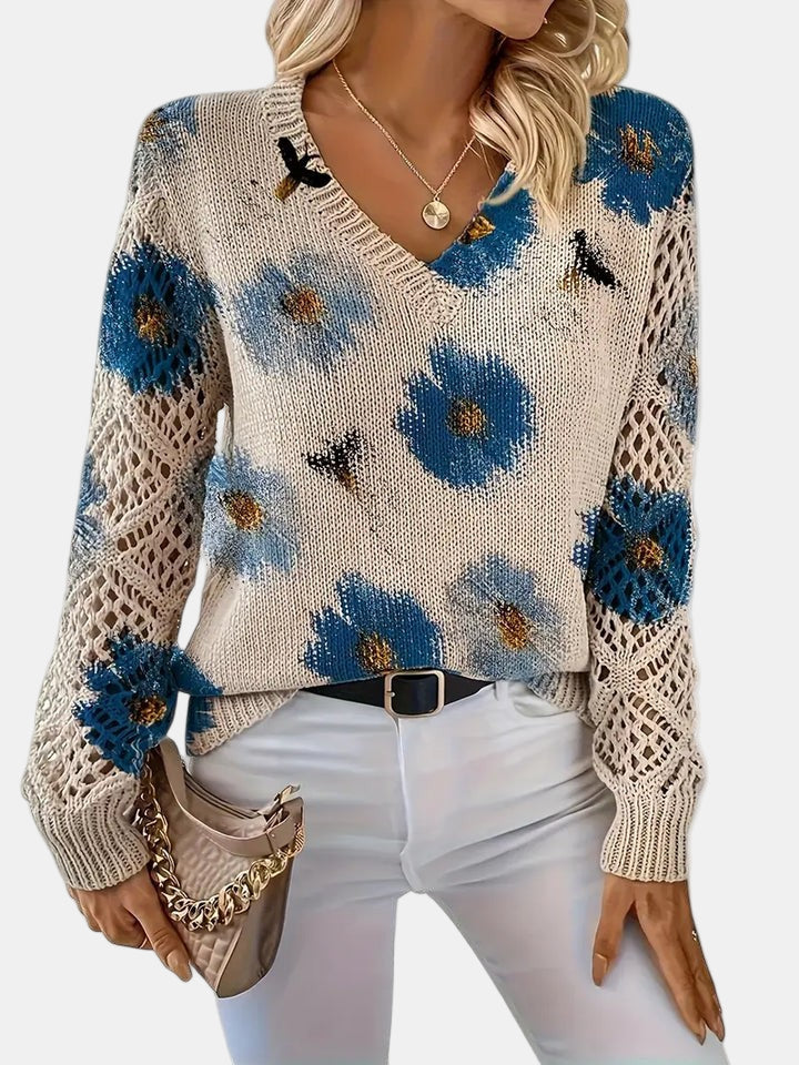 Philippa | Damen Pullover mit Blumenmuster, V-Ausschnitt und langen Ärmeln – Blumenmuster – Bild 15