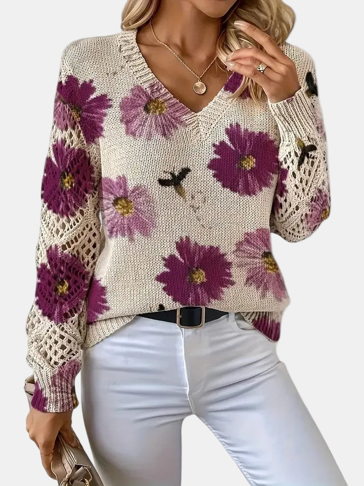 Philippa | Damen Pullover mit Blumenmuster, V-Ausschnitt und langen Ärmeln – Blumenmuster – Bild 16