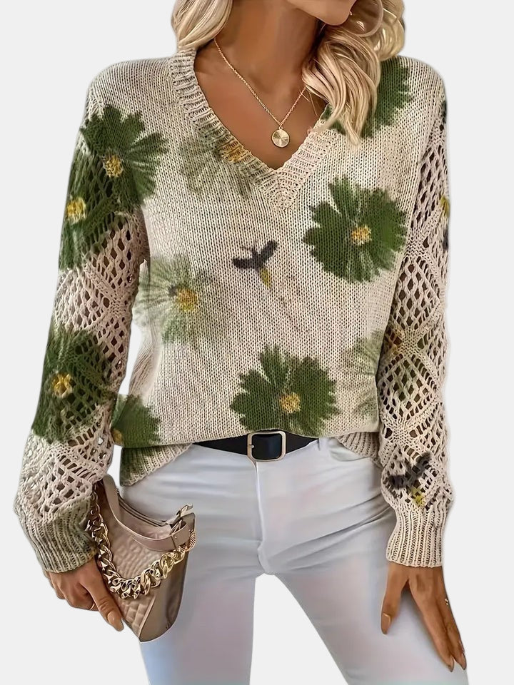 Philippa | Damen Pullover mit Blumenmuster, V-Ausschnitt und langen Ärmeln – Blumenmuster – Bild 18