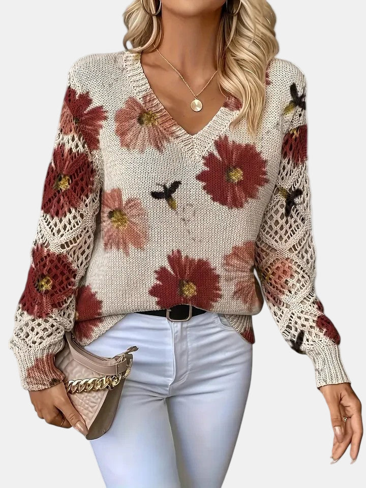Philippa | Damen Pullover mit V-Ausschnitt und langen Ärmeln – Blumenmuster – Bild 2