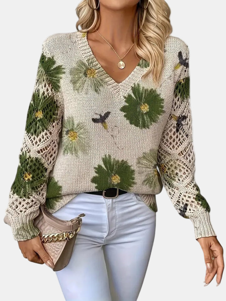 Philippa | Damen Pullover mit V-Ausschnitt und langen Ärmeln – Blumenmuster – Bild 3