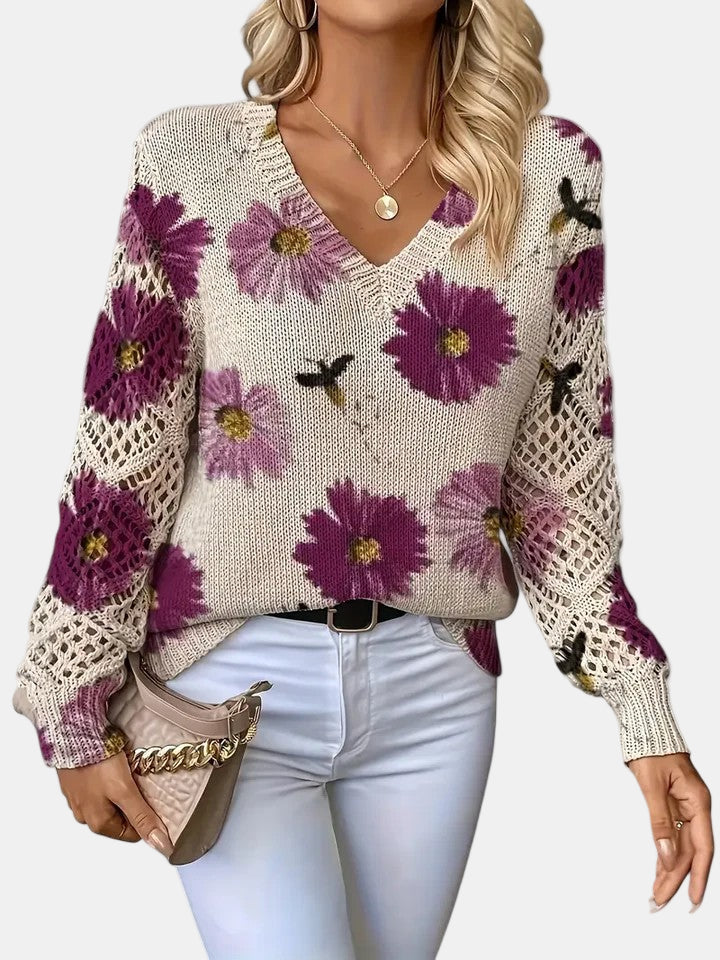 Philippa | Damen Pullover mit Blumenmuster, V-Ausschnitt und langen Ärmeln – Blumenmuster – Bild 4
