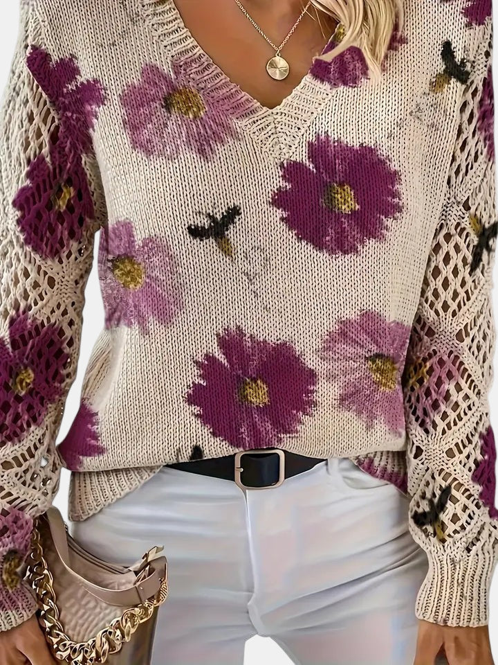Philippa | Damen Pullover mit Blumenmuster, V-Ausschnitt und langen Ärmeln – Blumenmuster – Bild 5