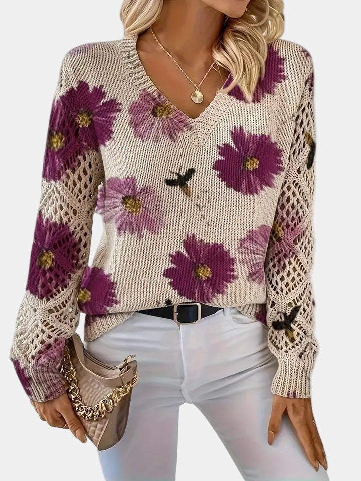 Philippa | Damen Pullover mit Blumenmuster, V-Ausschnitt und langen Ärmeln – Blumenmuster – Bild 6