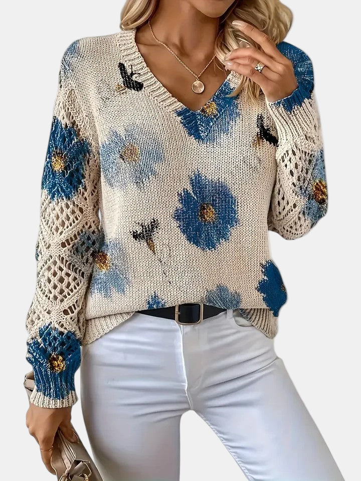 Philippa | Damen Pullover mit Blumenmuster, V-Ausschnitt und langen Ärmeln – Blumenmuster – Bild 7