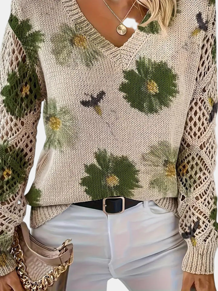 Philippa | Damen Pullover mit Blumenmuster, V-Ausschnitt und langen Ärmeln - Blumenmuster - Bild 8
