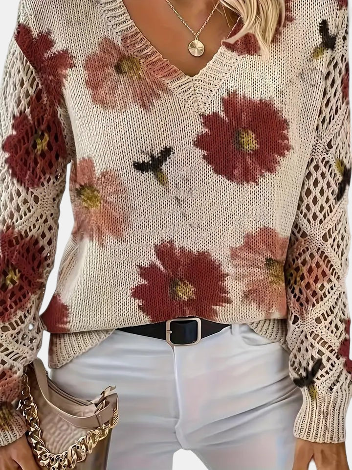 Philippa | Damen Pullover mit Blumenmuster, V-Ausschnitt und langen Ärmeln - Blumenmuster - Bild 9