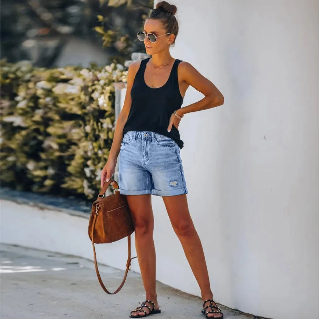 Philippa | Women's High Waisted Distressed Shorts - Light Blue - Image 1