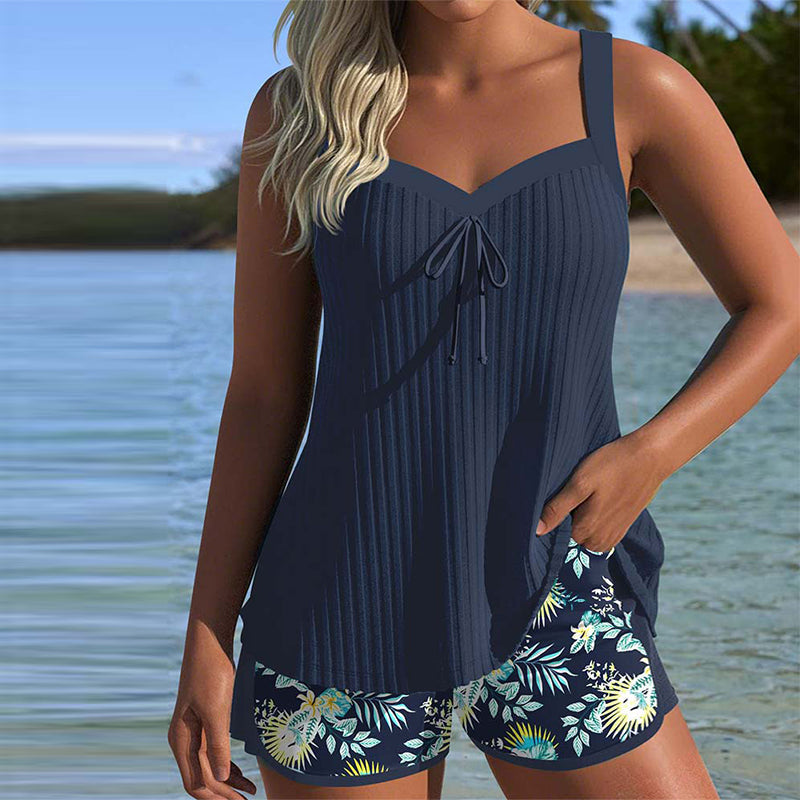 Philippa | Women's Ribbed Tankini Set with Tropical Shorts - Navy - Image 1