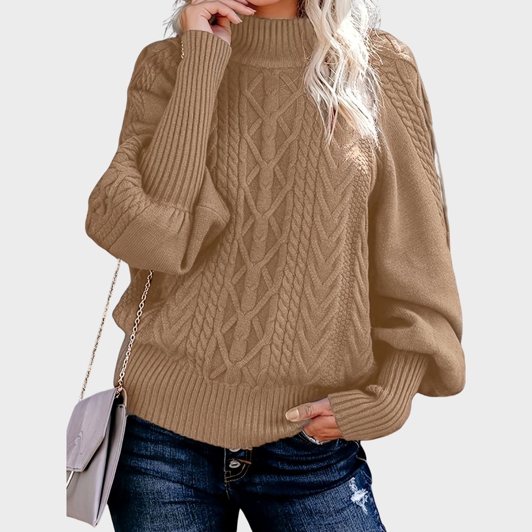 Philomena | Women's Cable Knit Turtleneck Sweater - Beige - Image 1