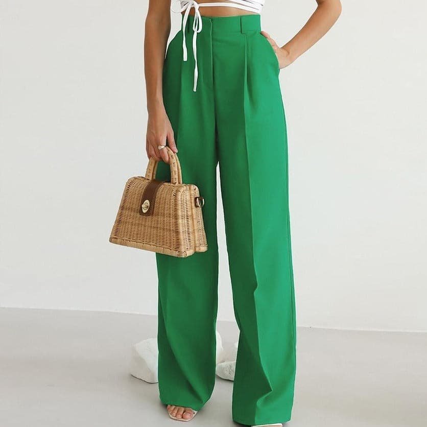 Portia | Women's Wide Leg High Waisted Trousers - Green - Image 1