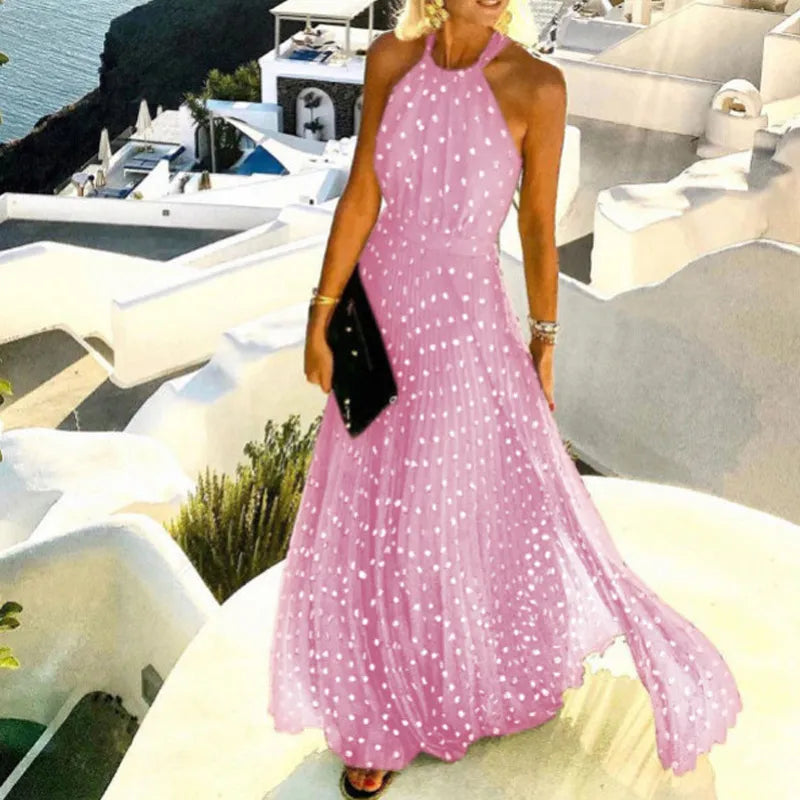Primrose | Women's Polka Dot Halter Neck Maxi Dress - Pink - Image 1
