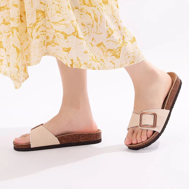 Priscilla | Women's Buckle Flat Sandals - Beige - Image 1