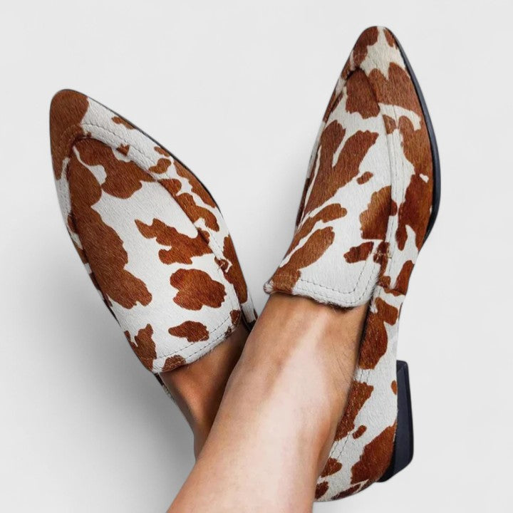 Prudence | Women's Cow Print Pointed Toe Loafers - Brown - Image 1
