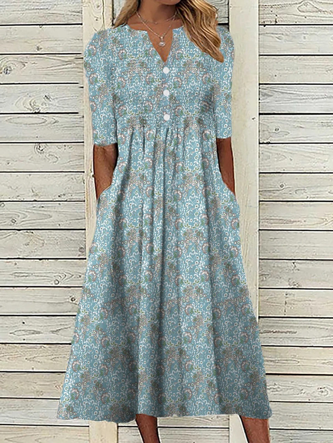 Prudence | Women's Floral V-Neck 3/4 Sleeve Midi Dress - Floral - Image 1