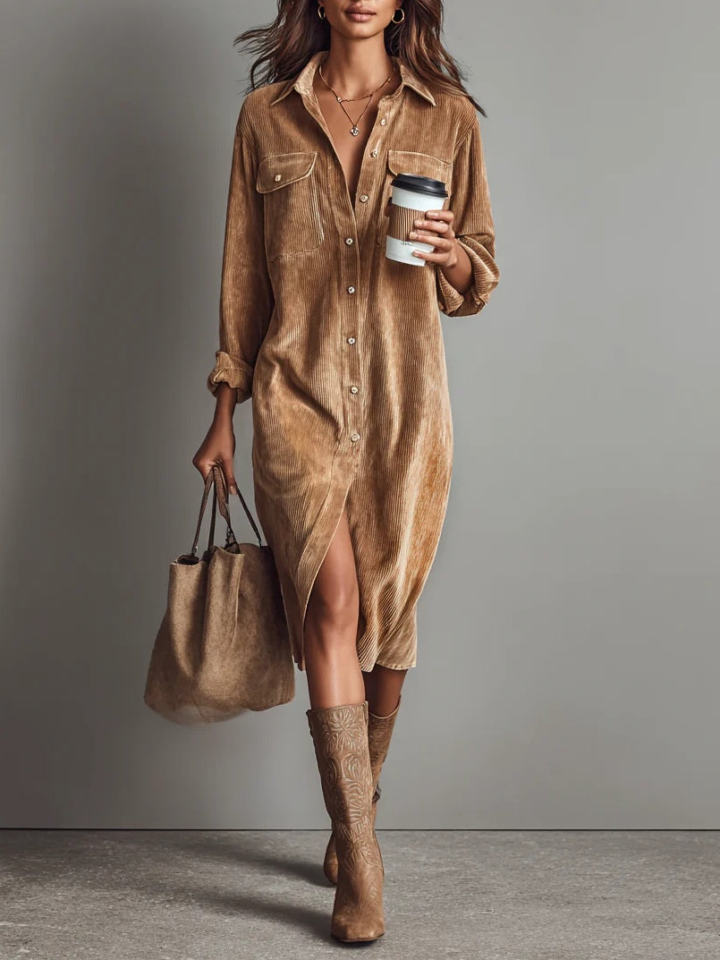 Quincy | Women's Button Front Midi Shirt Dress - Brown - Image 1