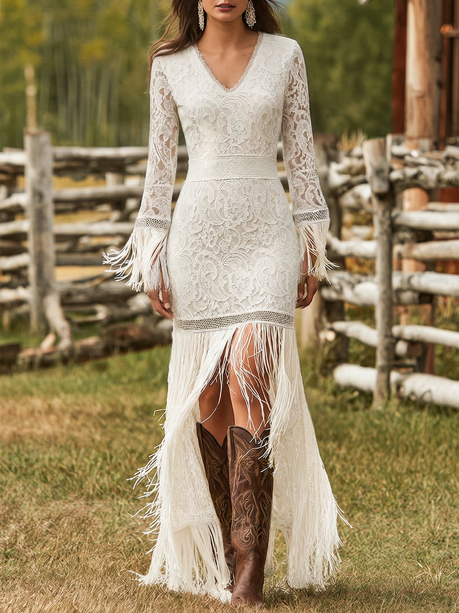 Quintessa | Women's V-Neck Long Sleeve Maxi Dress - White - Image 1