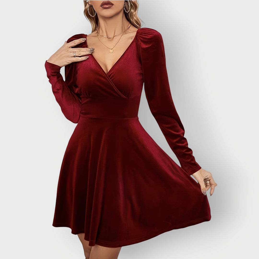 Ramona | Women's Wrap Long Sleeve Skater Dress - Burgundy - Image 1