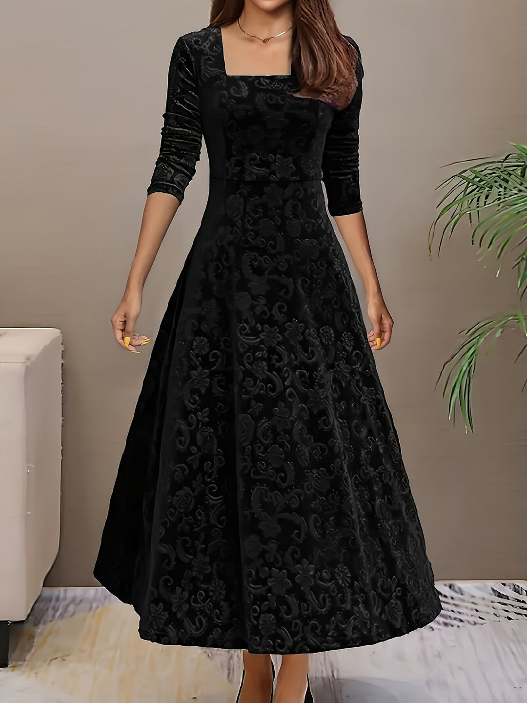 Raven | Women's Square Neck Long Sleeve Black Evening Dress - Black - Image 1