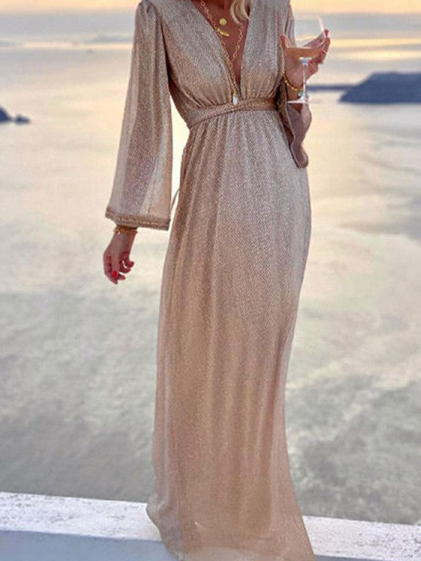 Renata | Women's V-Neck Long Sleeve Maxi Dress - Champagne - Image 1