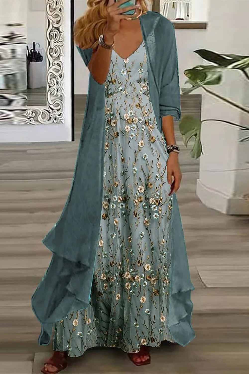 Rhiannon | Women's Floral V-Neck Maxi Dress Set - Teal - Image 1