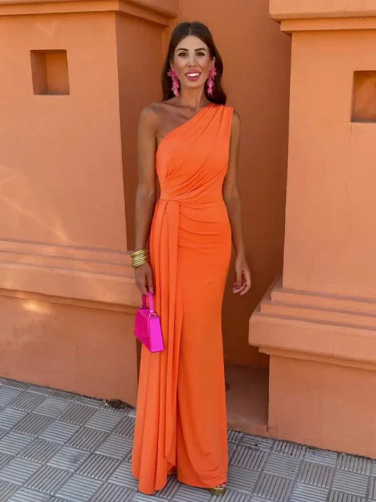 Rhiannon | Women's One Shoulder Maxi Dress - Orange - Image 1