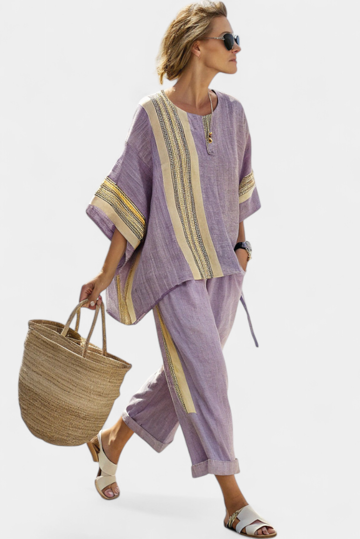 Romilly | Women's Oversized Two Piece Relaxed Stripe Set - Purple - Image 1