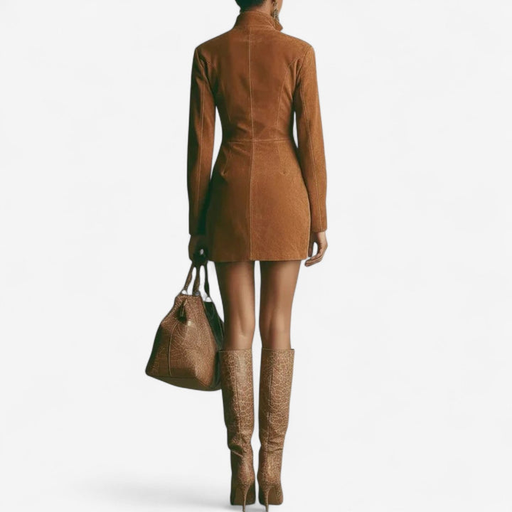 Rosabelle | Damen Mini-Kleid mit Reißverschluss vorne und langen Ärmeln - Braun - Bild 2
